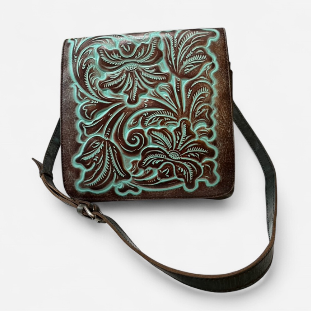 Patricia Nash Girona Embossed Leather Brown and Turquoise Crossbody Bag